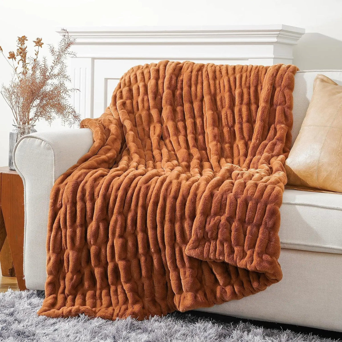 Ruched Faux Rabbit Fur Throw Blanket, Double-Sided Soft Texture — product view 10