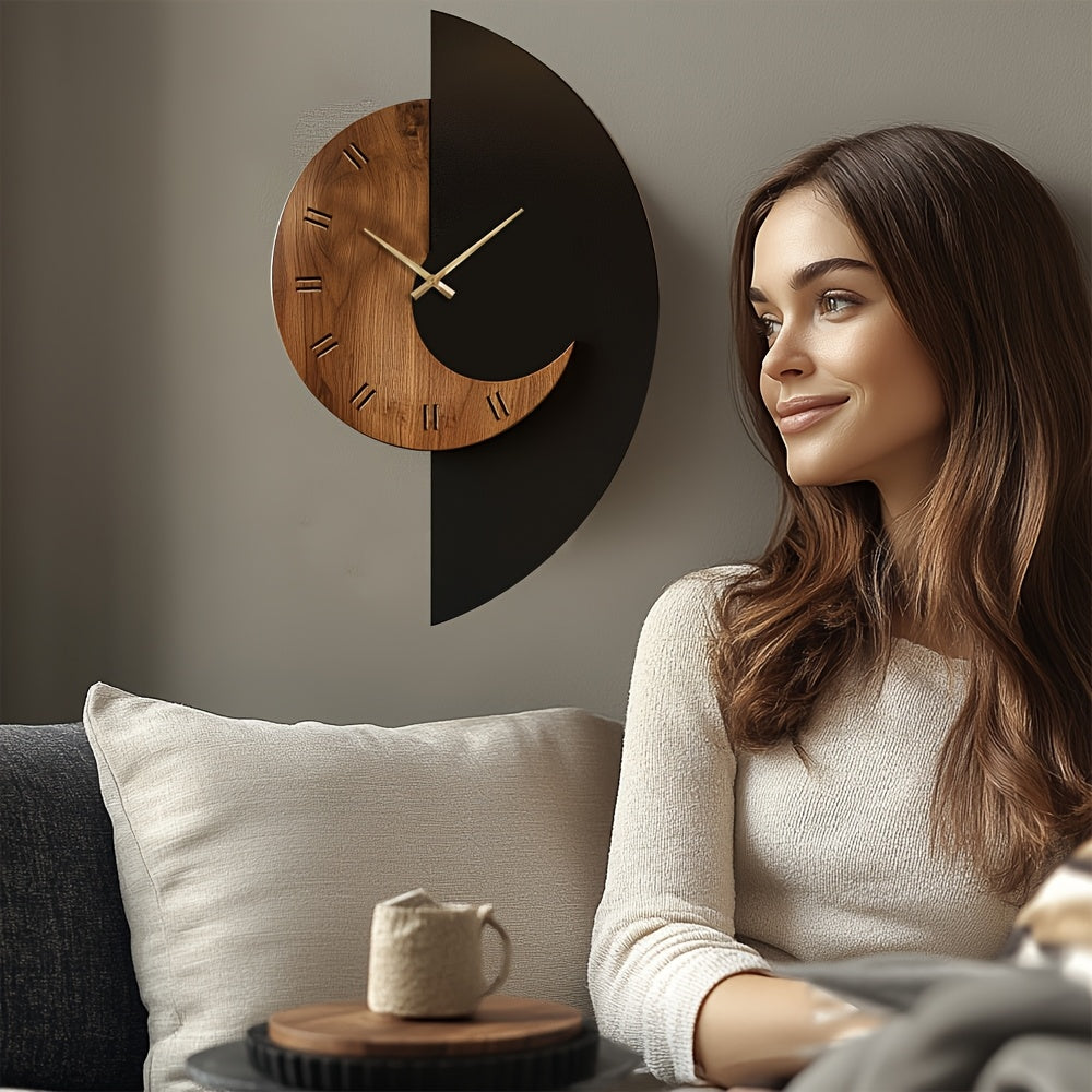 Half-Moon Wooden Wall Clock with Silent Movement — product view 1