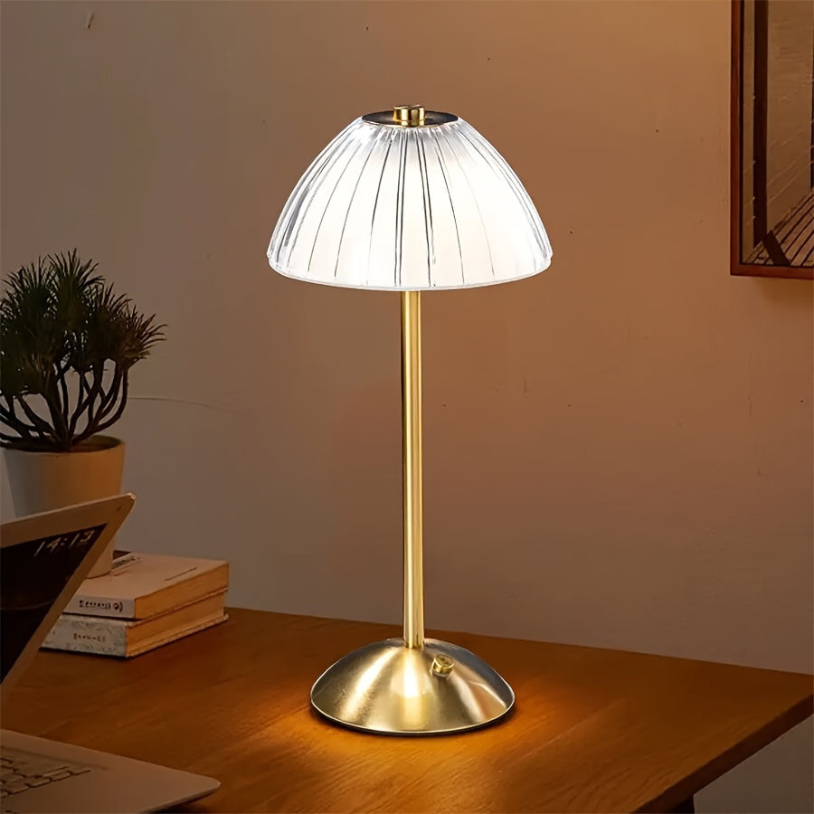 Ribbed Acrylic Table Lamp, Rechargeable 3-Colour Touch LED Light - Gold