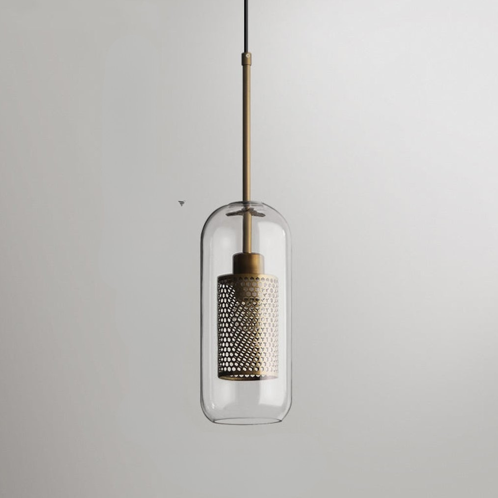 Glass and Perforated Metal Pendant Light, Industrial Style - view 1