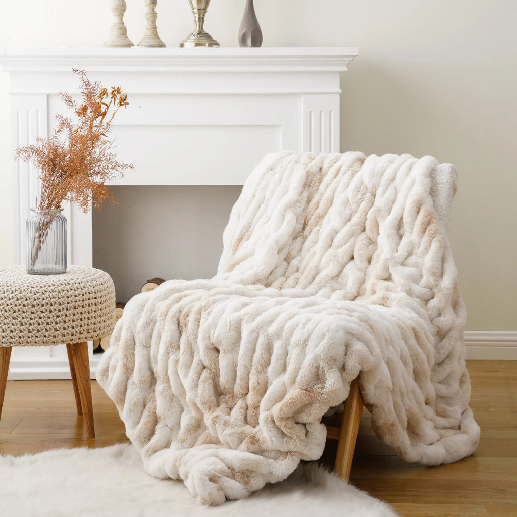 Ruched Faux Rabbit Fur Throw Blanket, Double-Sided Soft Texture — product view 7