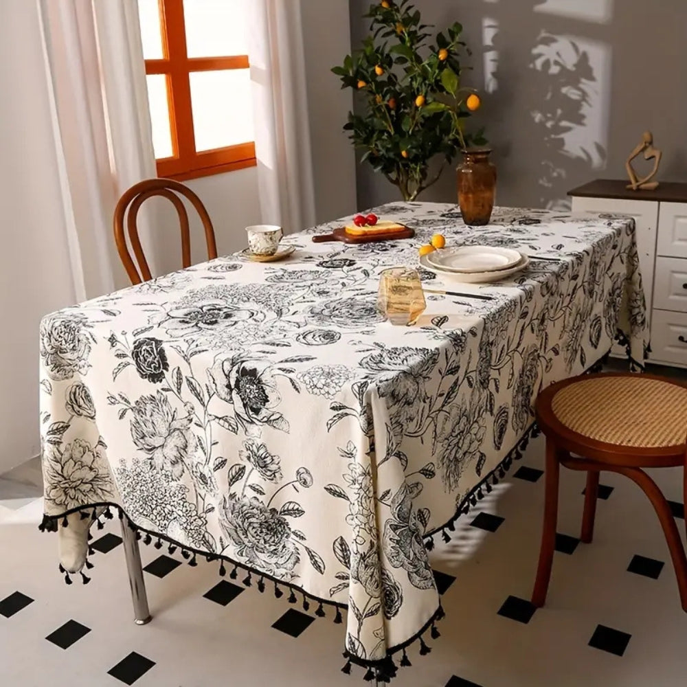 Black Floral Cotton Blend Tassel Tablecloth – image 3