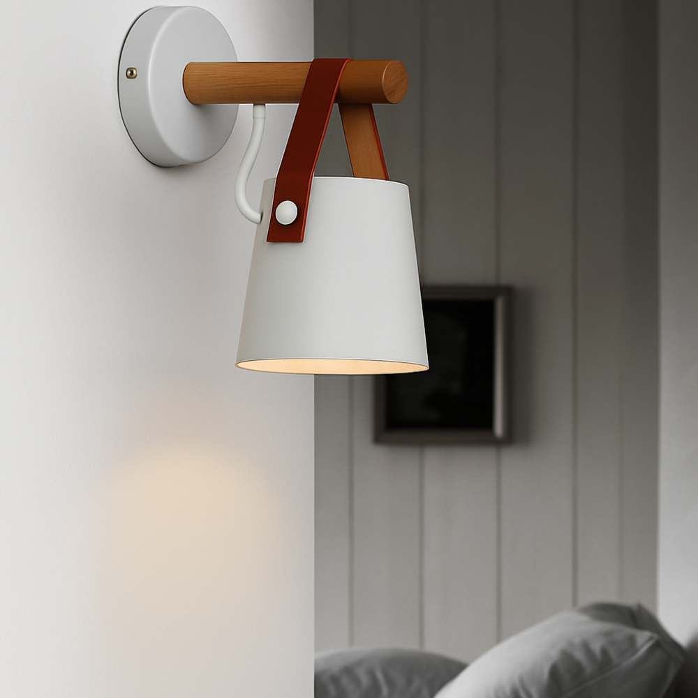 Wood-Arm Wall Sconce with Leather Strap and Cone Shade - view 5