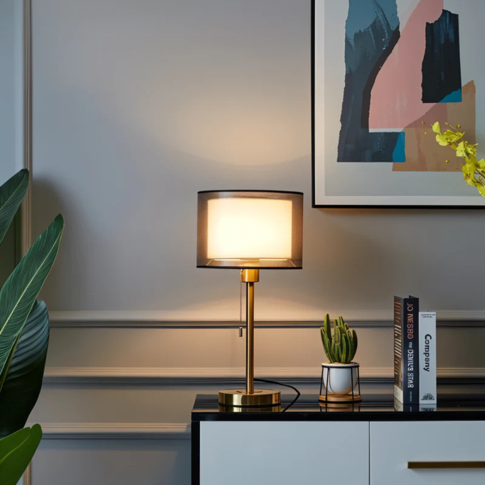 Double Fabric Shade Table Lamp with Metal Base, UK Plug - view 5