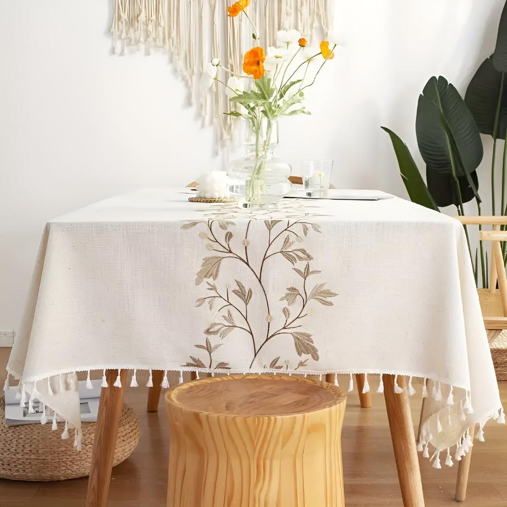 Floral Embroidered Cotton Linen Tassel Tablecloth – image 4