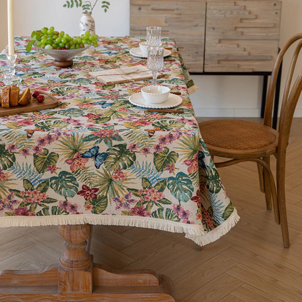 Floral Jacquard Linen Fringe Tablecloth – image 1