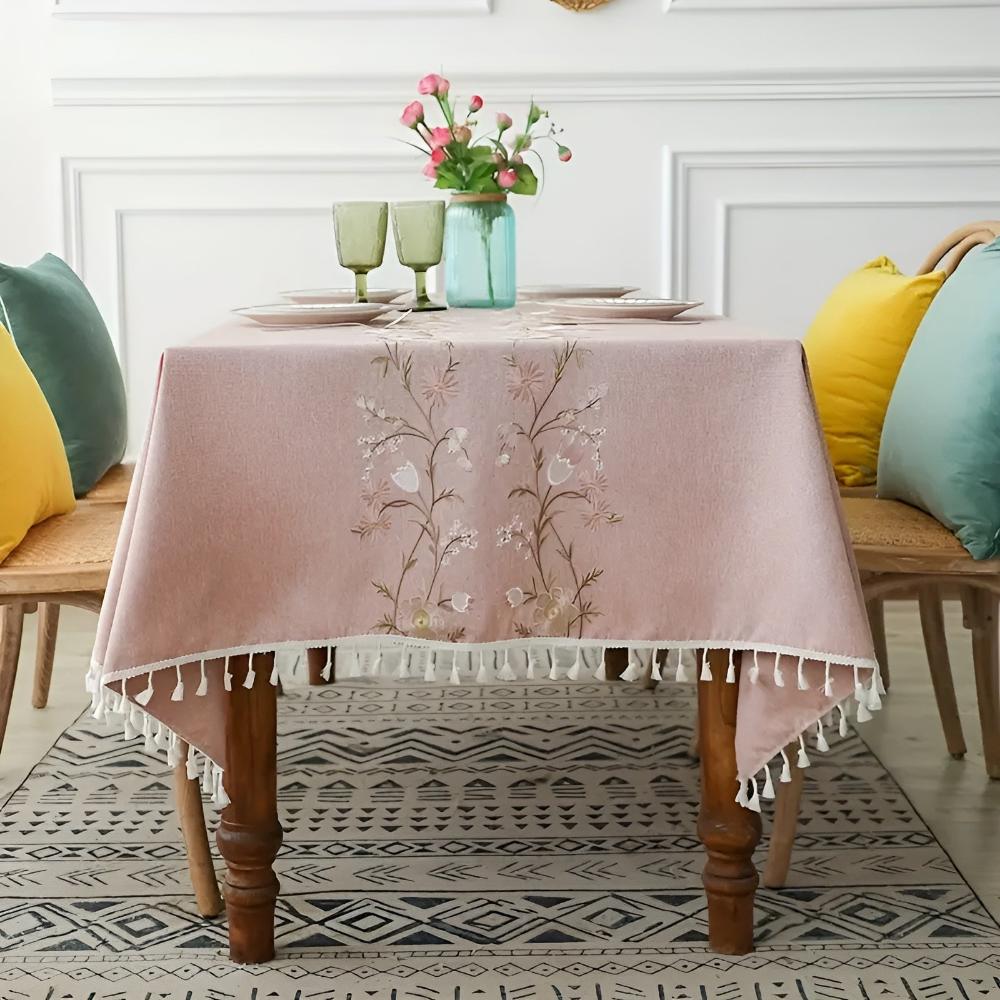 Floral Embroidered Polyester Tassel Tablecloth – image 1