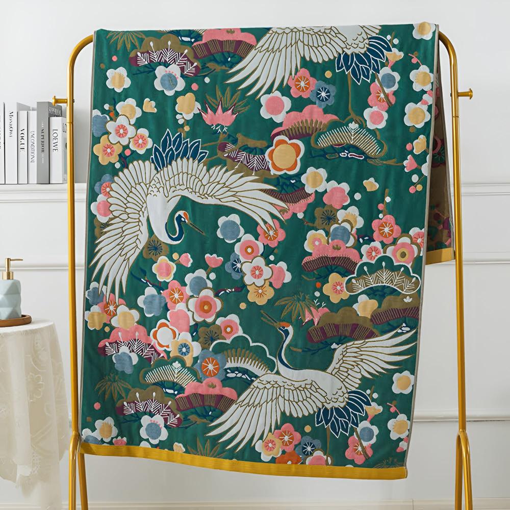 Crane and Floral Cotton Bath Towel 90 × 180 cm – image 2