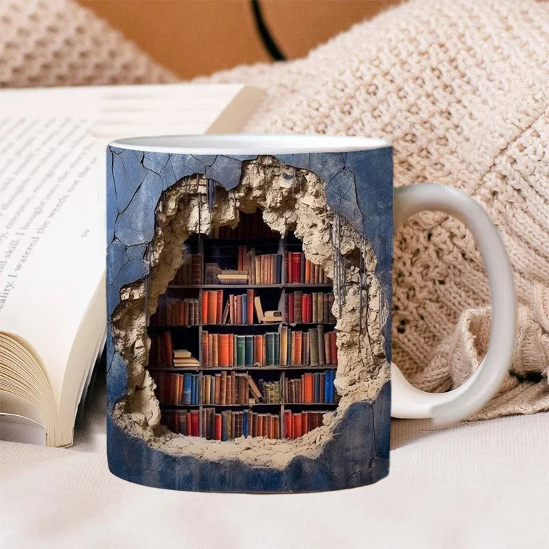 3D Bookshelf Ceramic Coffee Mug, Library-Inspired Design — product view 2