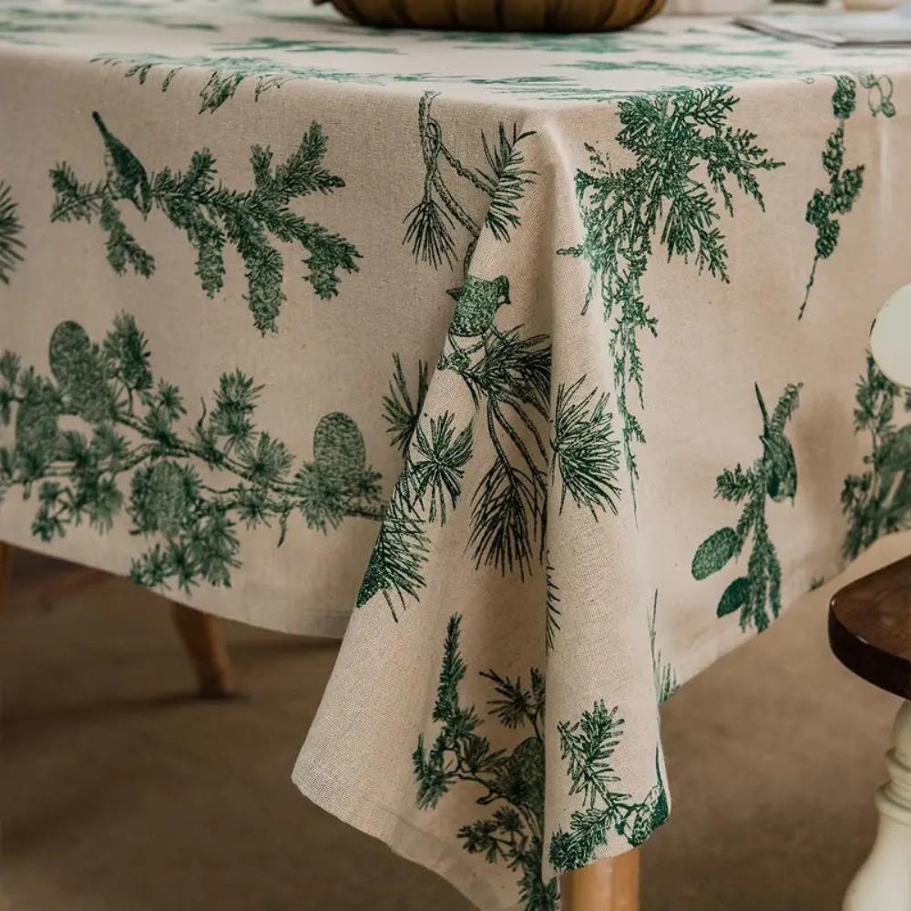 Pine and Bird Cotton Linen Fringe Tablecloth – image 4