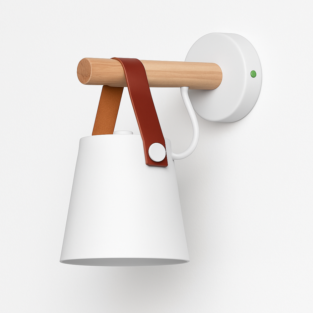 Wood-Arm Wall Sconce with Leather Strap and Cone Shade - view 9