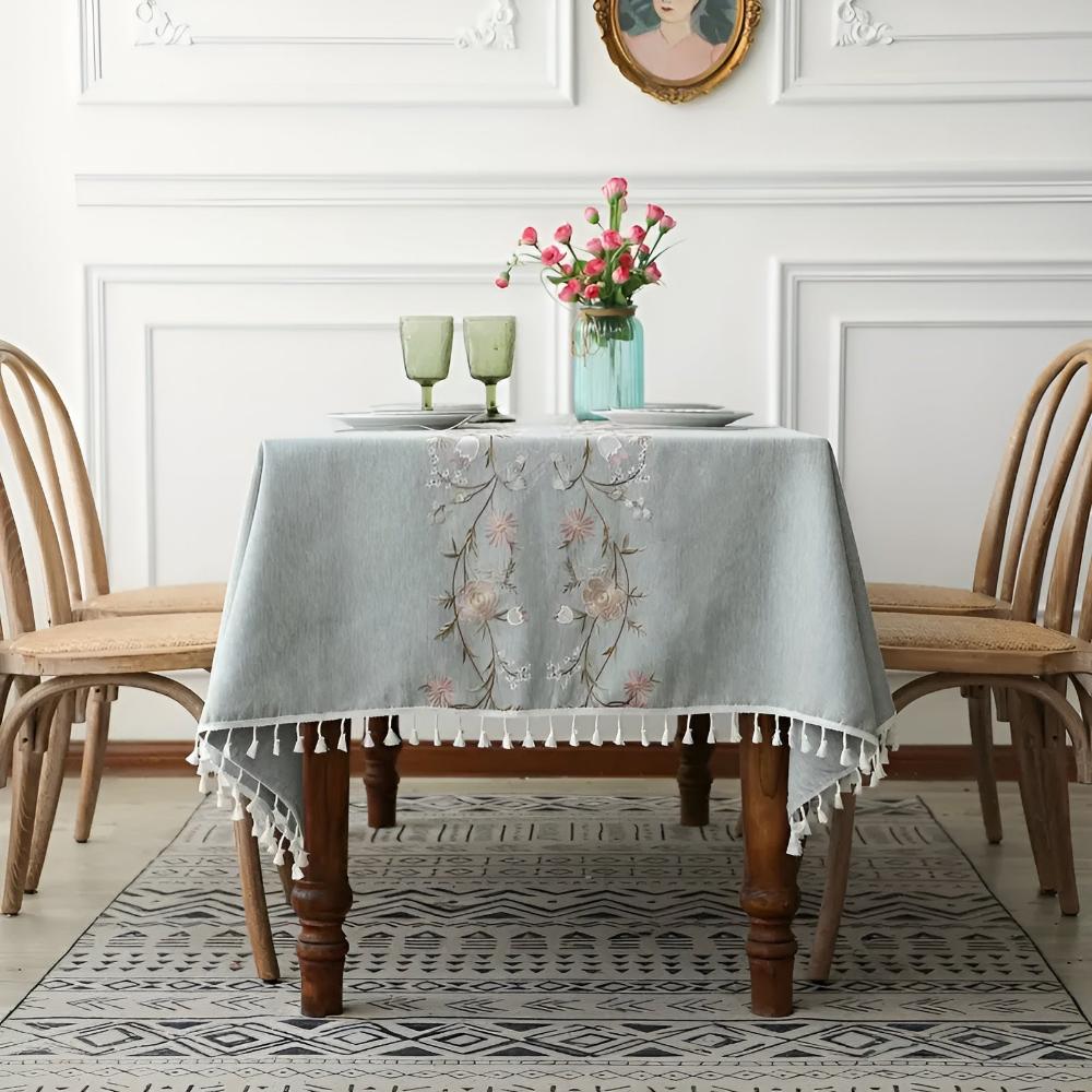 Floral Embroidered Polyester Tassel Tablecloth – image 2