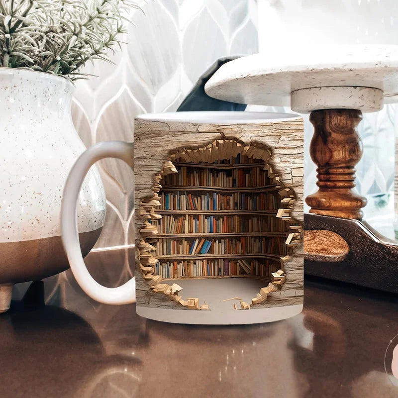 3D Bookshelf Ceramic Coffee Mug, Library-Inspired Design — product view 3