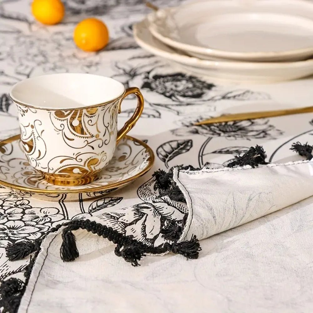 Black Floral Cotton Blend Tassel Tablecloth – image 6