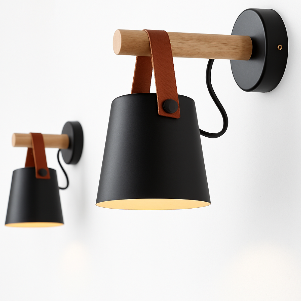 Wood-Arm Wall Sconce with Leather Strap and Cone Shade - view 8