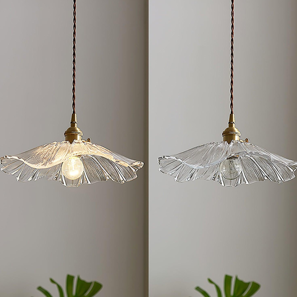 Ribbed Glass Flower Pendant Light with Copper Fittings - view 11