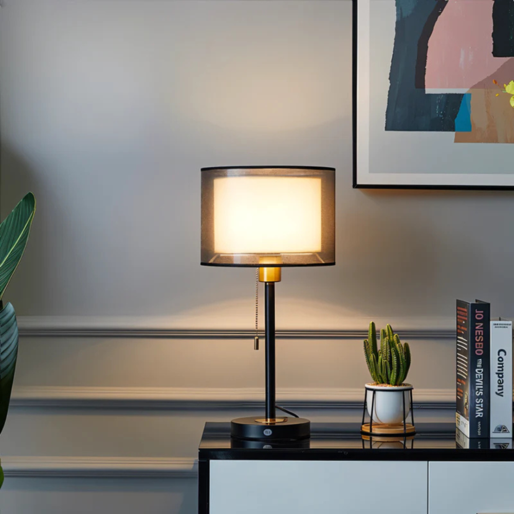 Double Fabric Shade Table Lamp with Metal Base, UK Plug - view 3