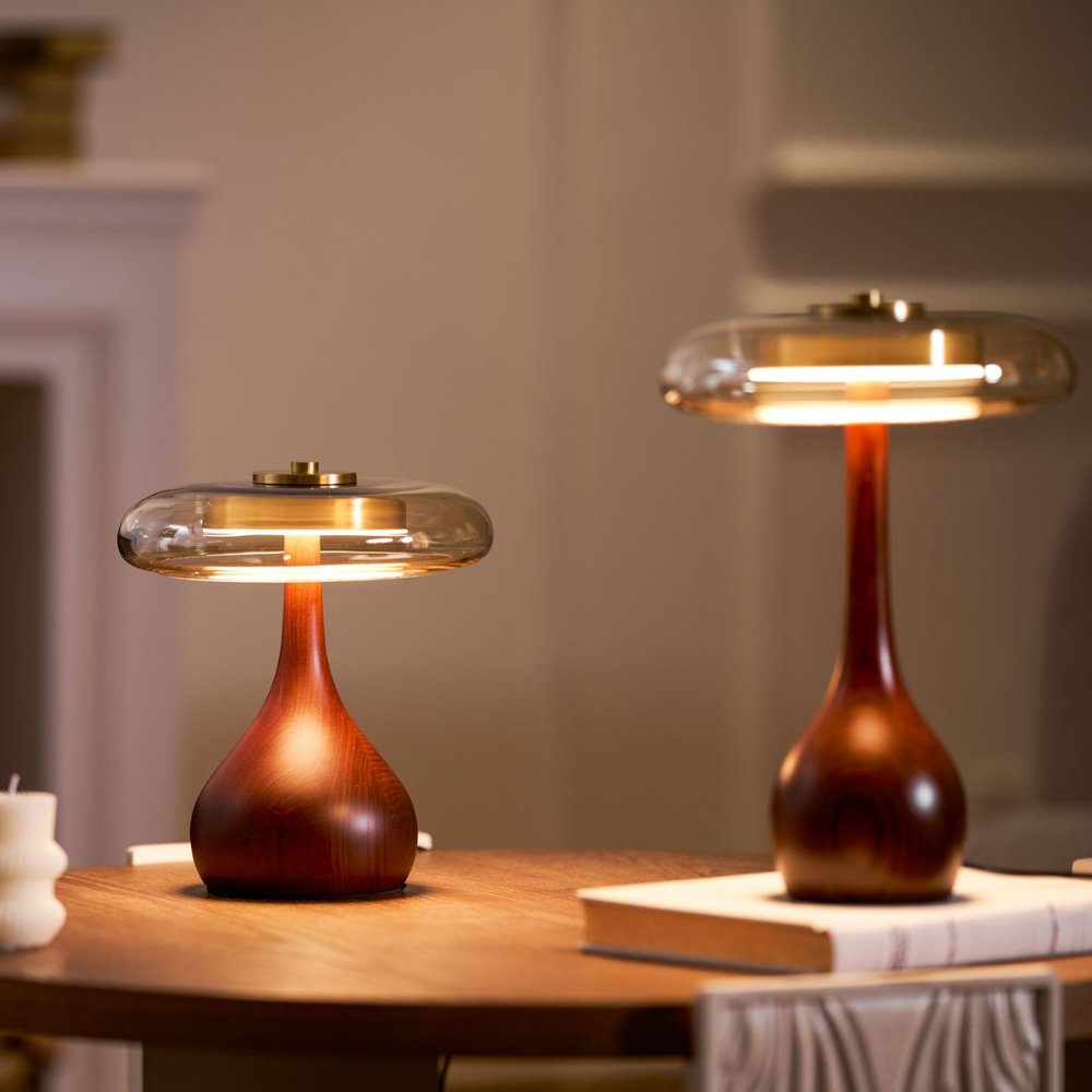Amber Glass Mushroom Table Lamp with Walnut Base, UK Plug - view 6