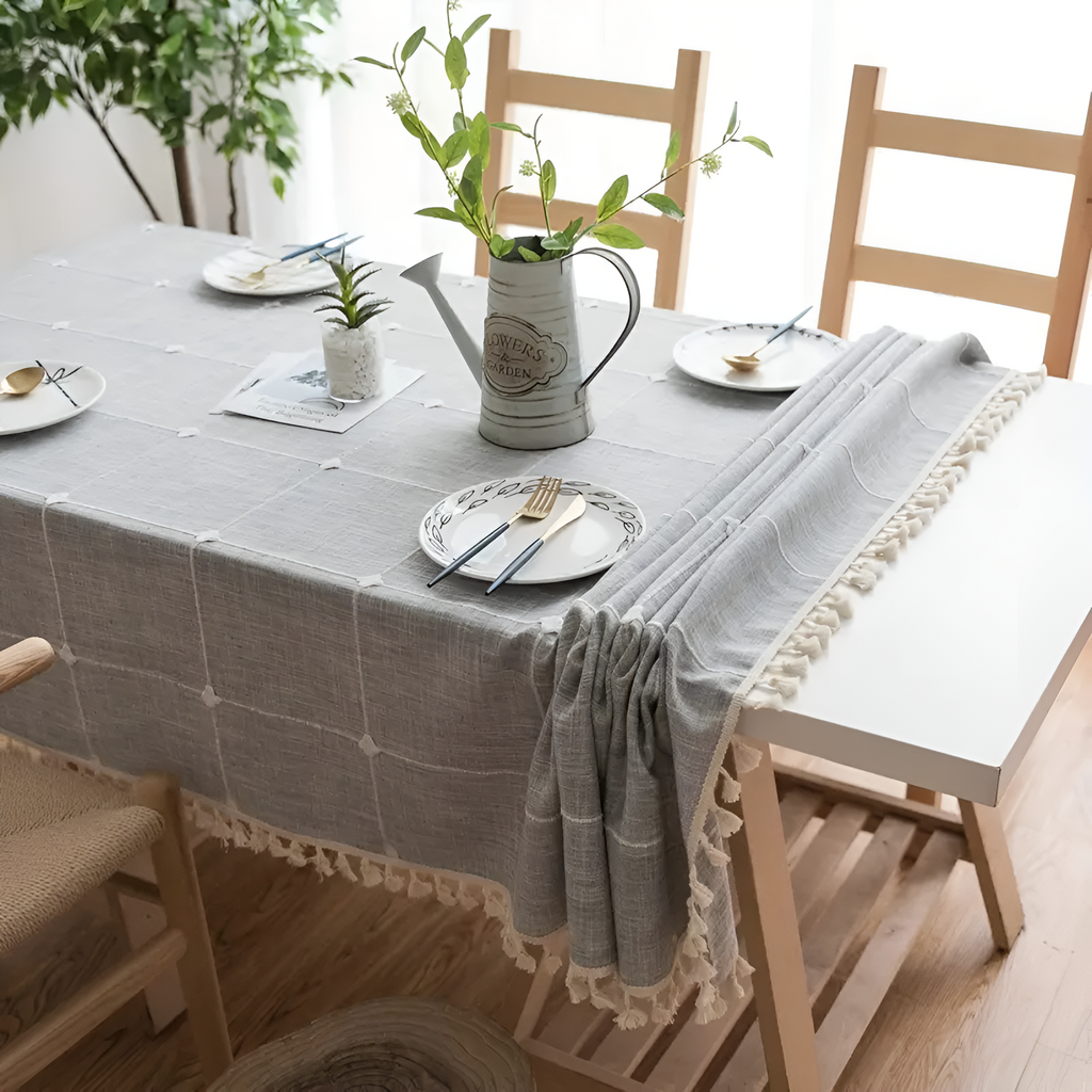 Grey Checked Cotton Linen Tassel Tablecloth – image 5