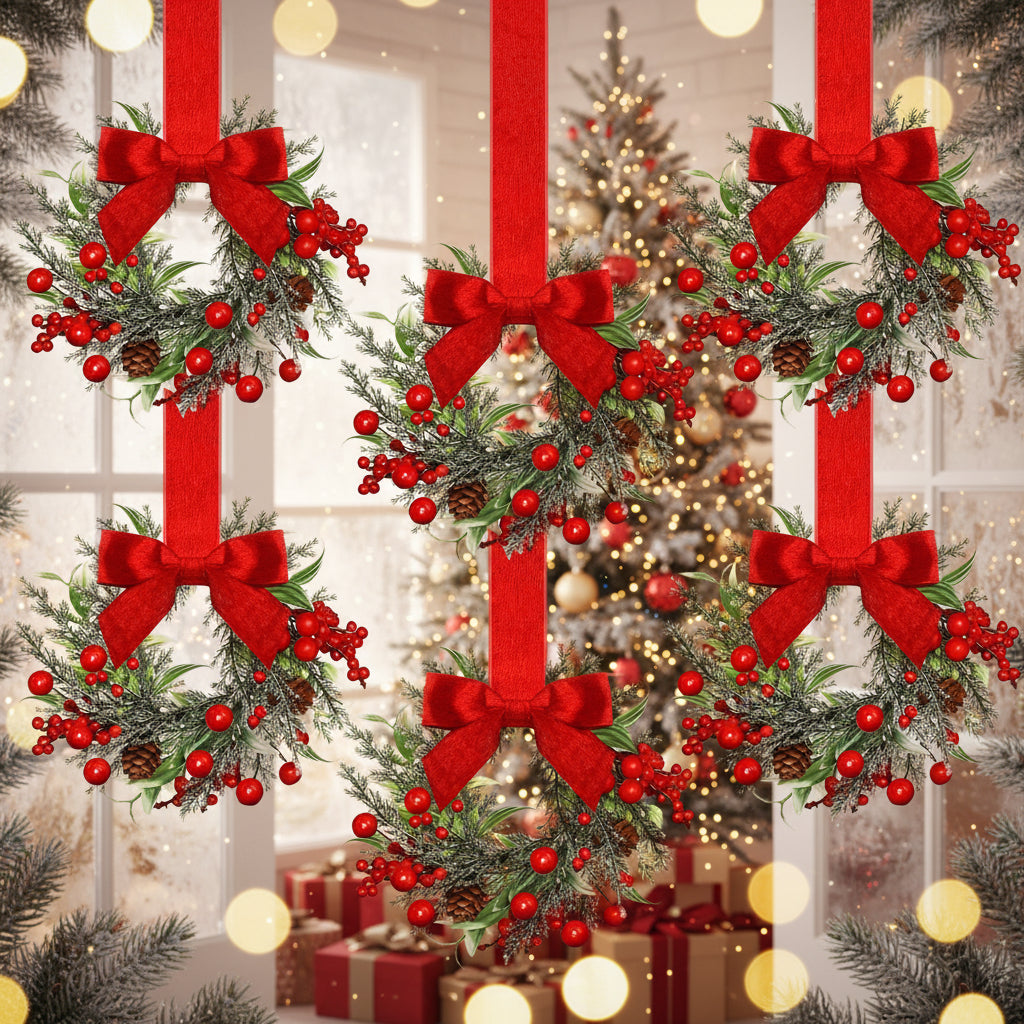 Mini Christmas Wreaths with Red Bows & Pinecones, Set of 6 - product view 2