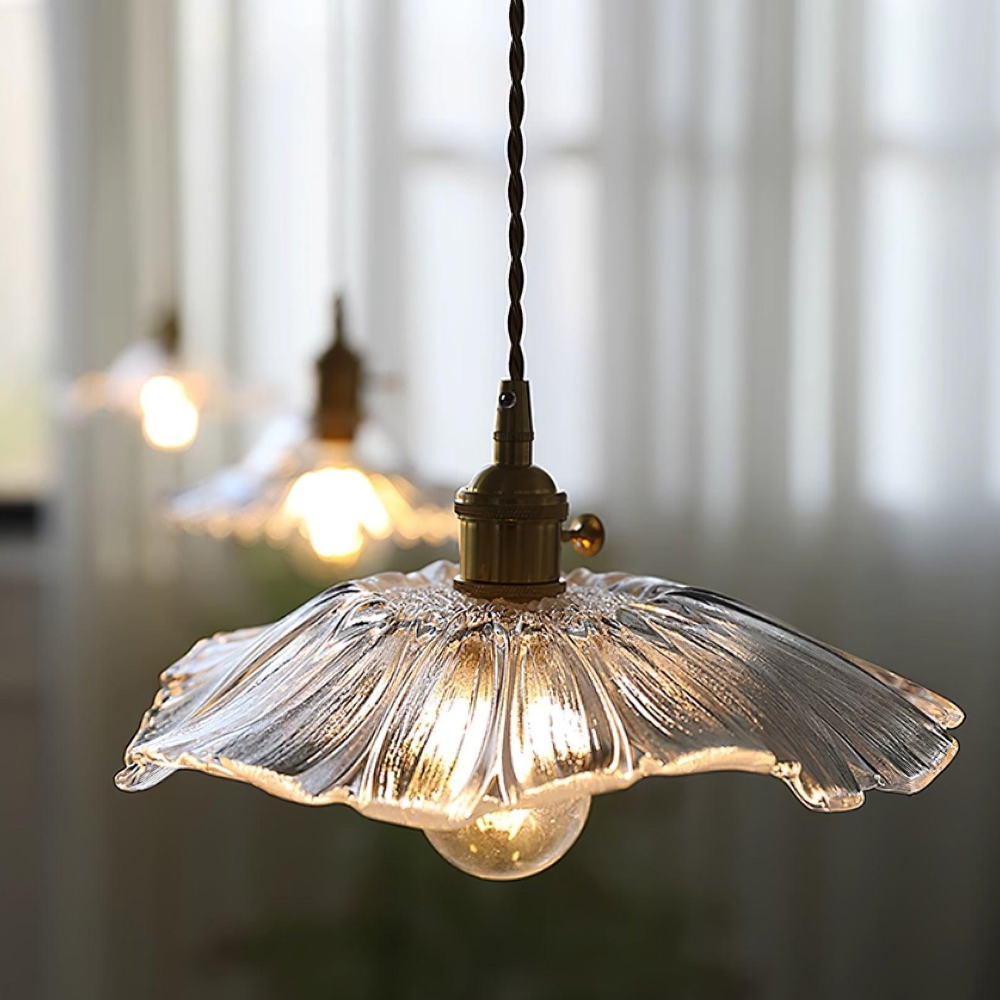 Ribbed Glass Flower Pendant Light with Copper Fittings - view 10