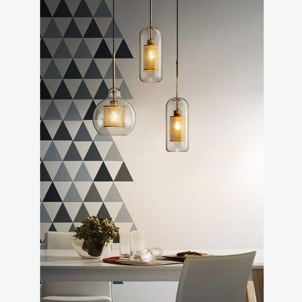 Glass and Perforated Metal Pendant Light, Industrial Style - view 3