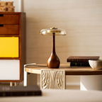 Amber Glass Mushroom Table Lamp with Walnut Base, UK Plug - view 10