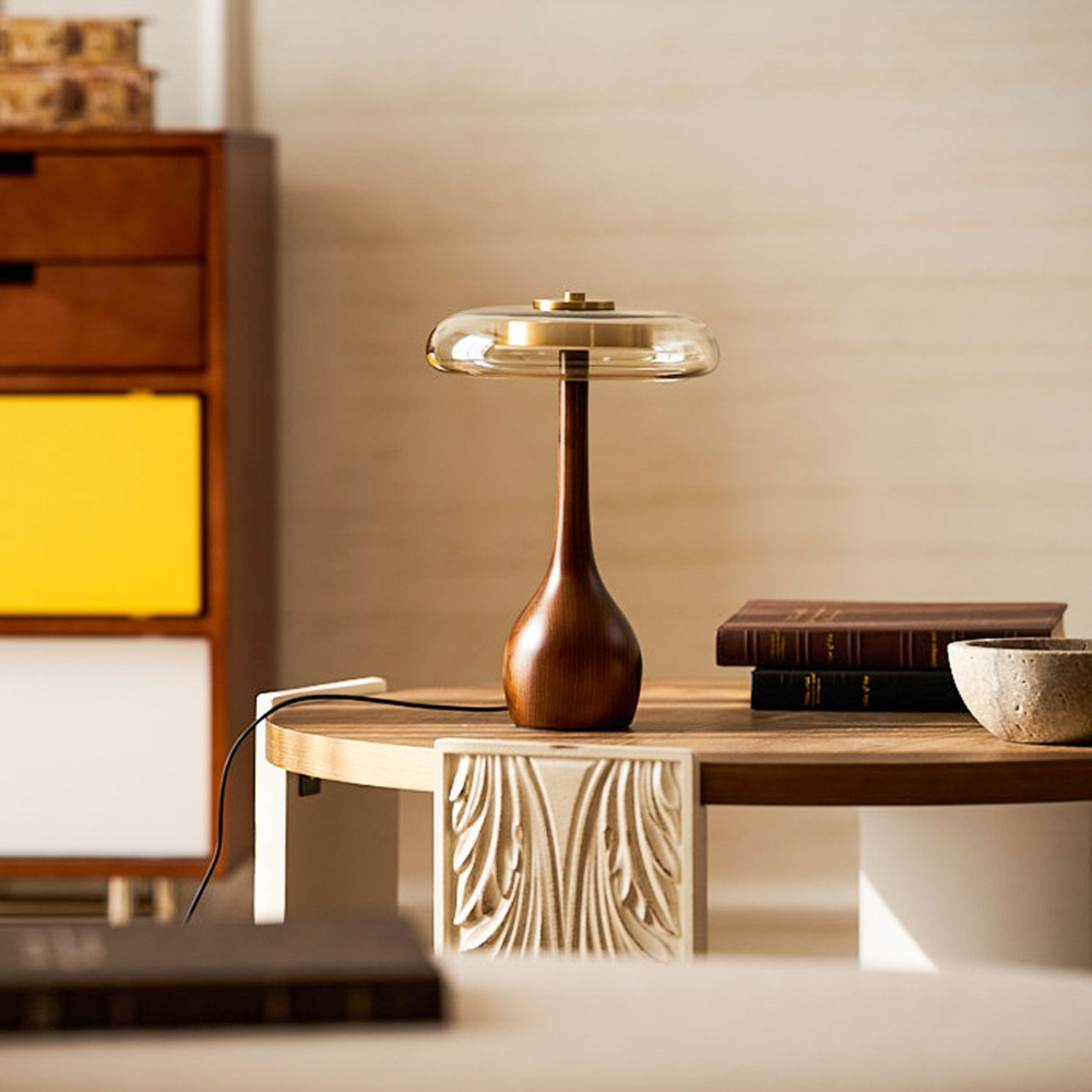 Amber Glass Mushroom Table Lamp with Walnut Base, UK Plug - view 10