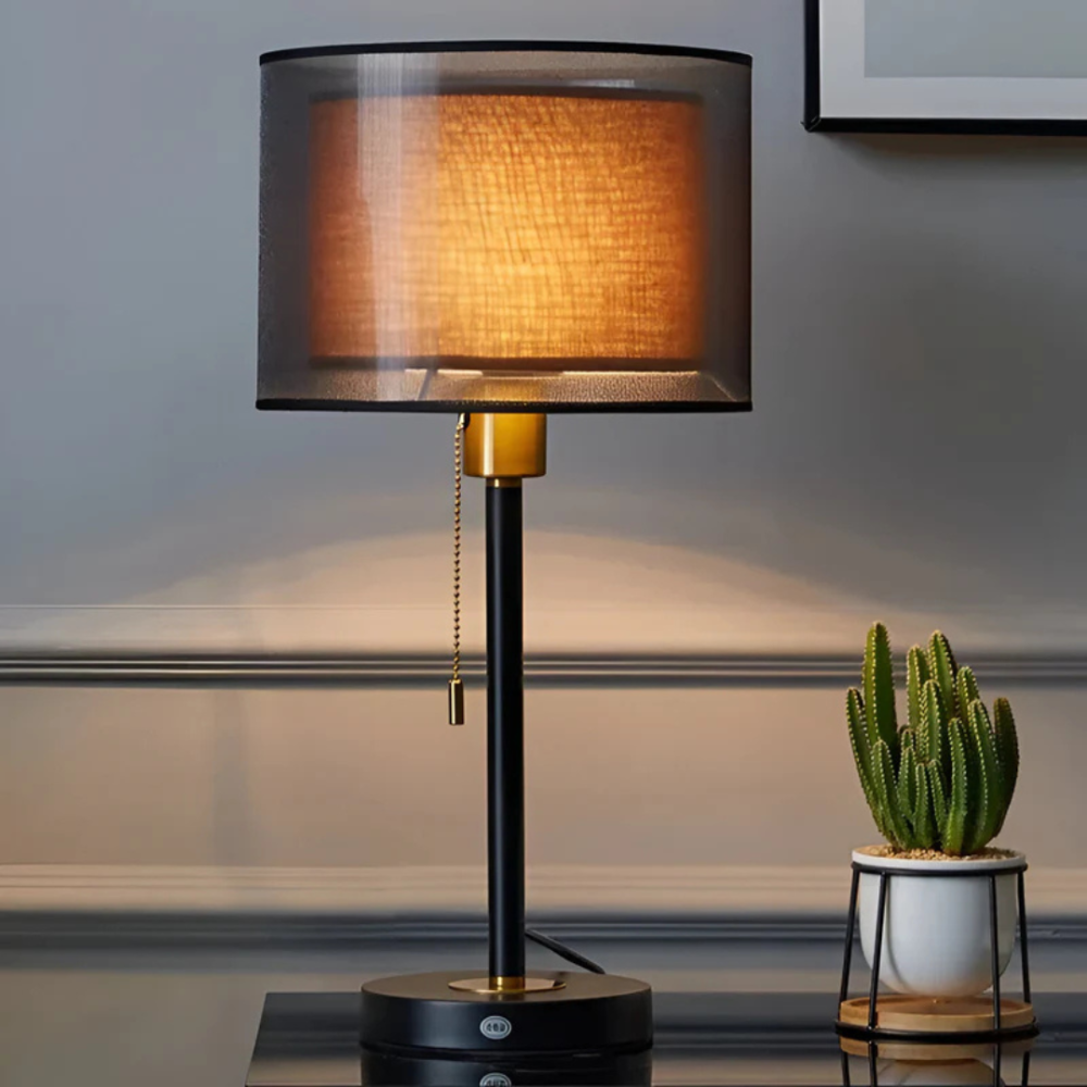 Double Fabric Shade Table Lamp with Metal Base, UK Plug - view 1