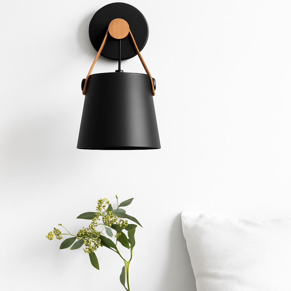 Wood-Arm Wall Sconce with Leather Strap and Cone Shade - view 6