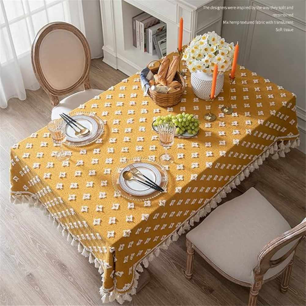 Yellow Embroidered Tassel Tablecloth – image 5