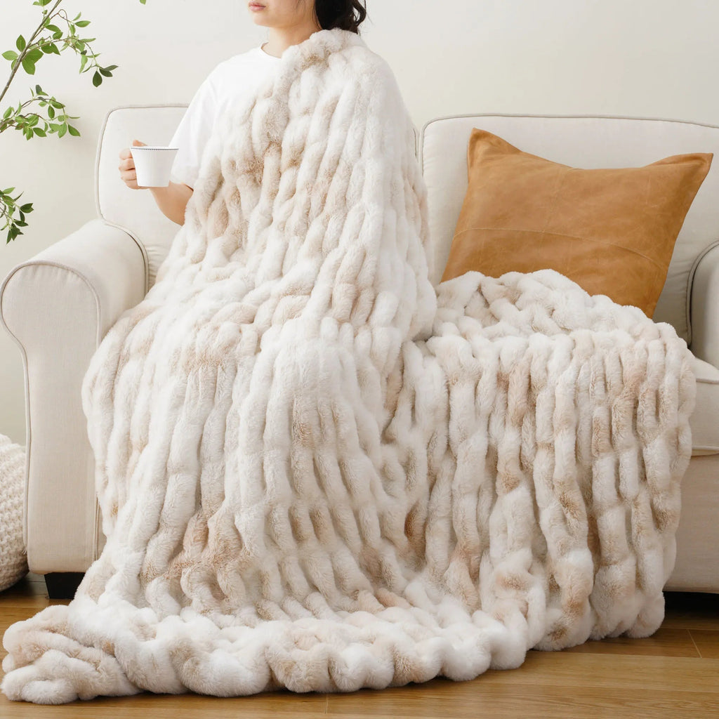 Ruched Faux Rabbit Fur Throw Blanket, Double-Sided Soft Texture — product view 6