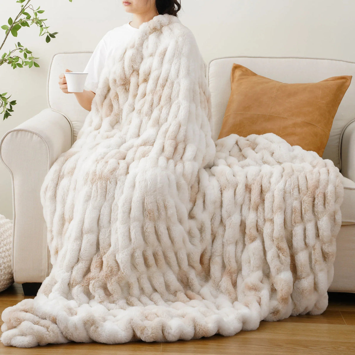 Ruched Faux Rabbit Fur Throw Blanket, Double-Sided Soft Texture — product view 6