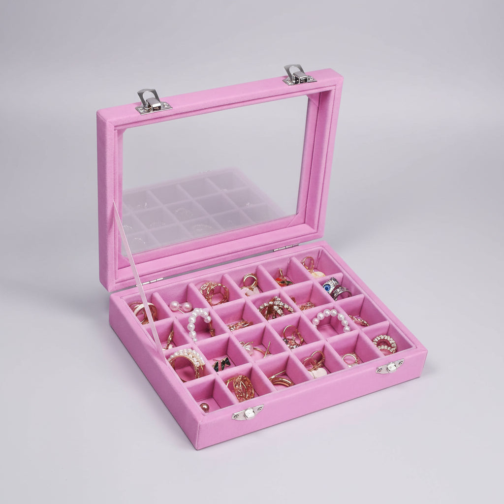 Jewelry Organiser Velvet Storage Box Glass Lid Tray
