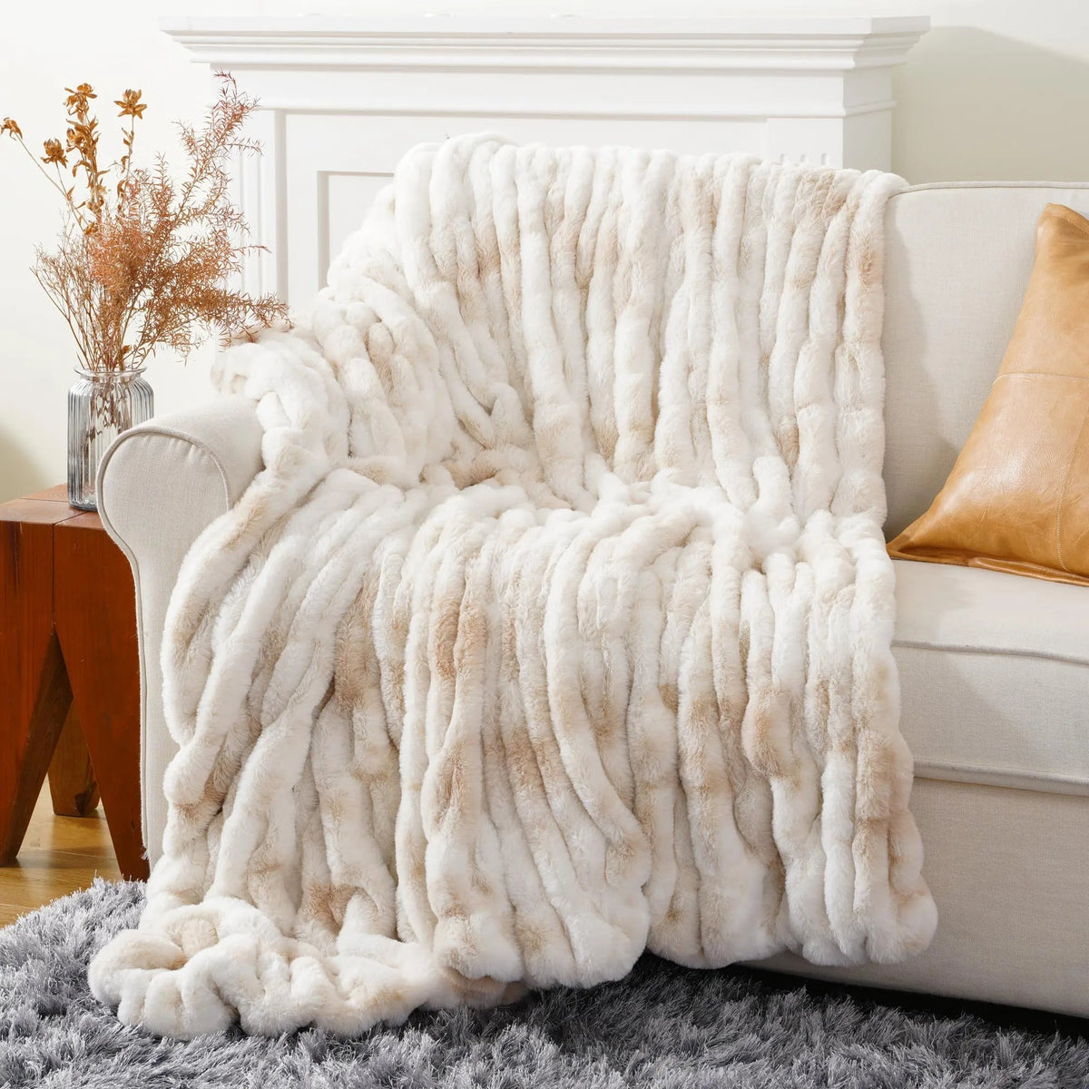 Ruched Faux Rabbit Fur Throw Blanket, Double-Sided Soft Texture — product view 5