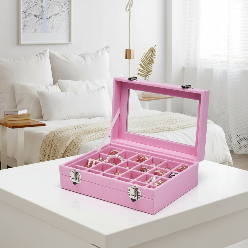 Jewelry Organiser Velvet Storage Box Glass Lid Tray