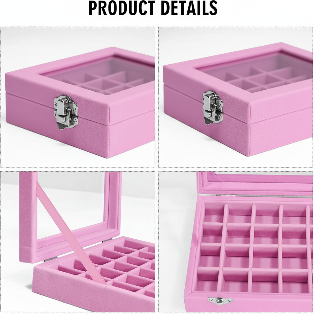 Jewelry Organiser Velvet Storage Box Glass Lid Tray