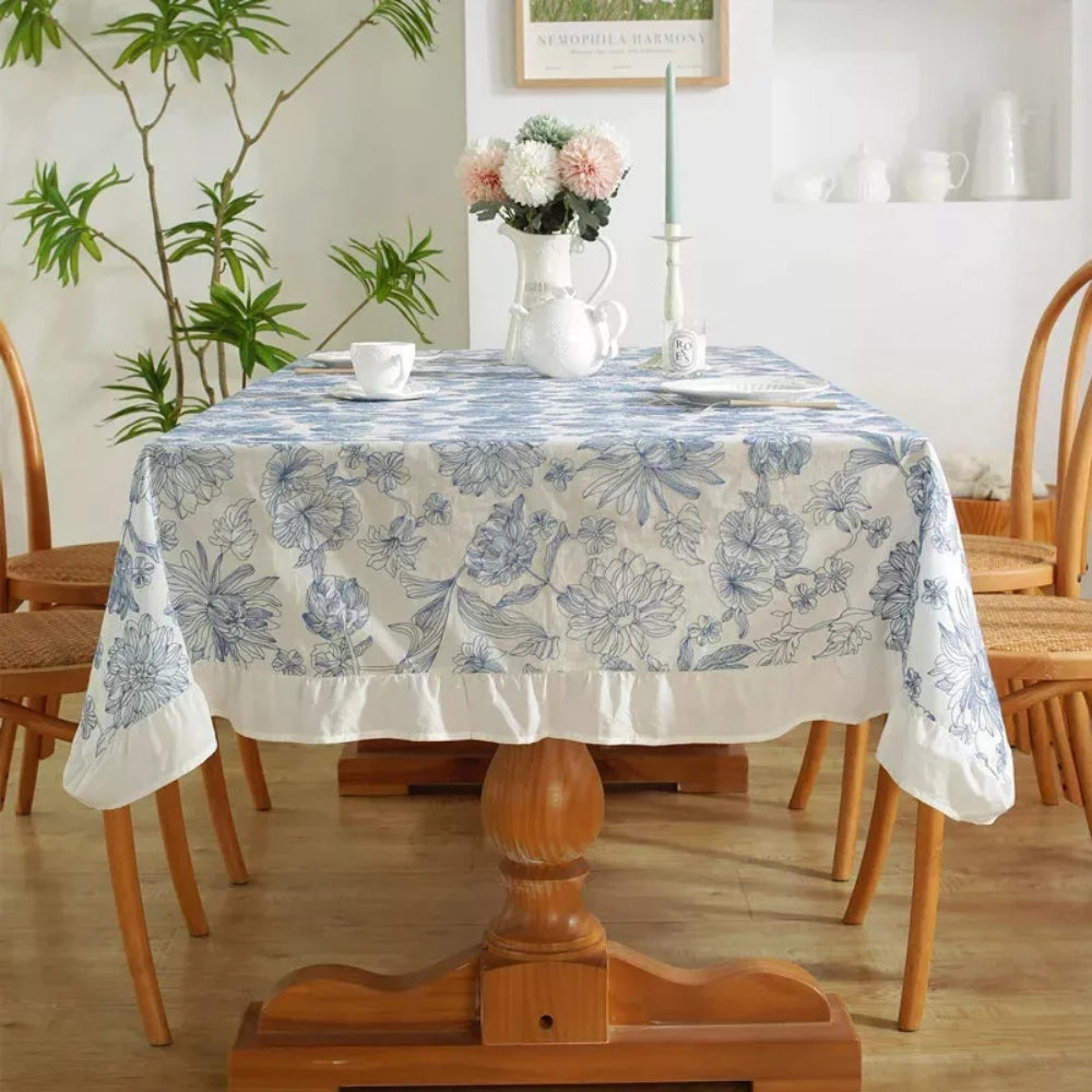 Blue Floral Embroidered Ruffle Tablecloth – image 2