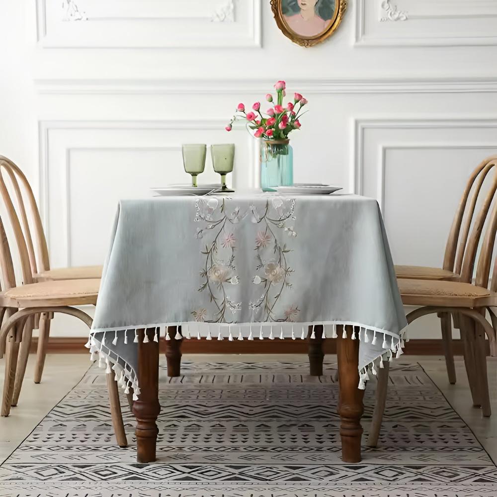 Floral Embroidered Polyester Tassel Tablecloth – image 5