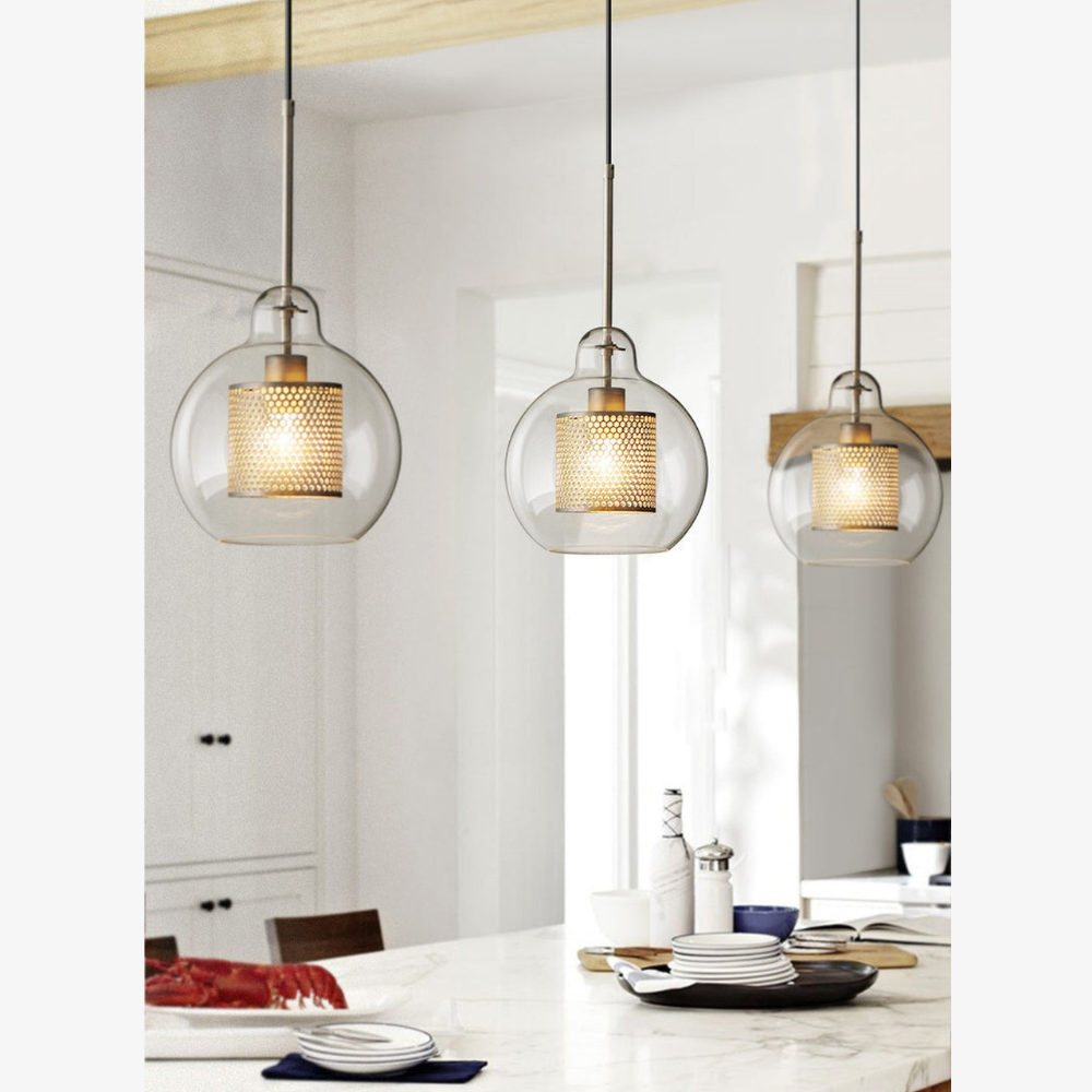 Glass and Perforated Metal Pendant Light, Industrial Style - view 9