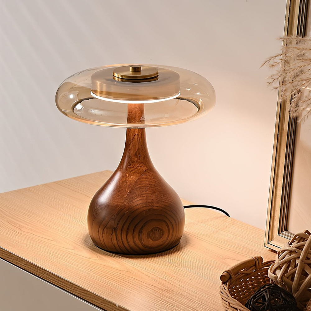 Amber Glass Mushroom Table Lamp with Walnut Base, UK Plug - view 11