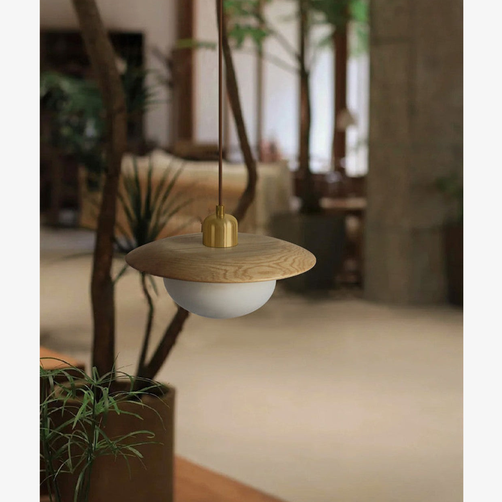 Frosted Pebble Glass Pendant Light with Oak or Walnut Disc - view 8