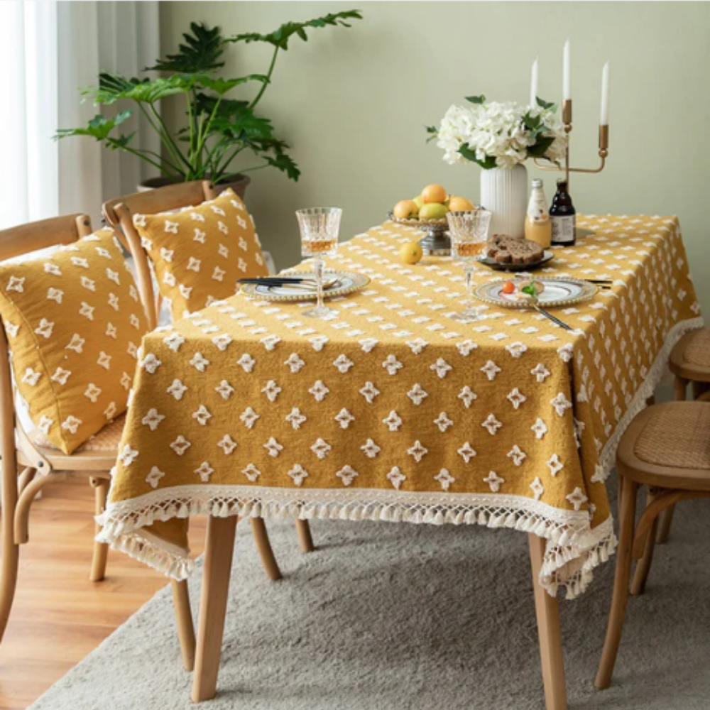 Yellow Embroidered Tassel Tablecloth – image 2