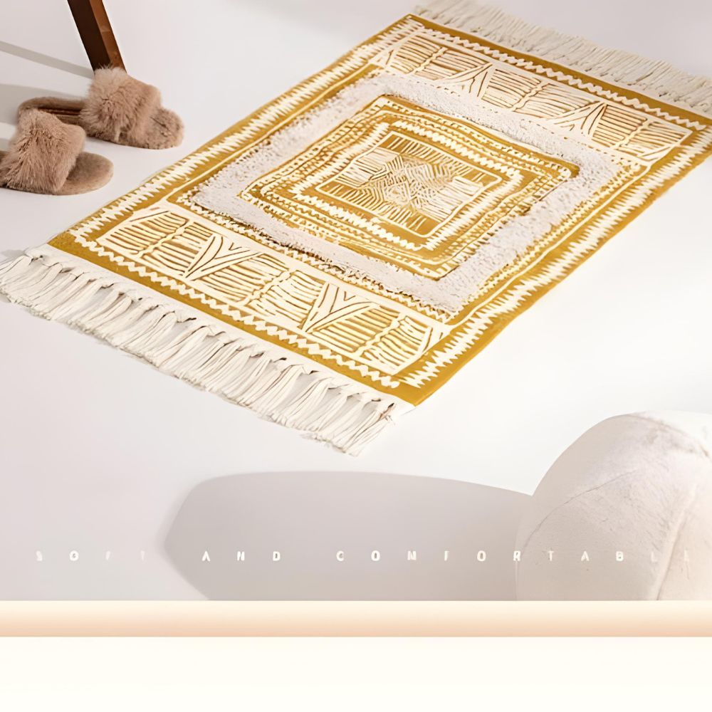 Yellow Geometric Fringed Rug – image 4