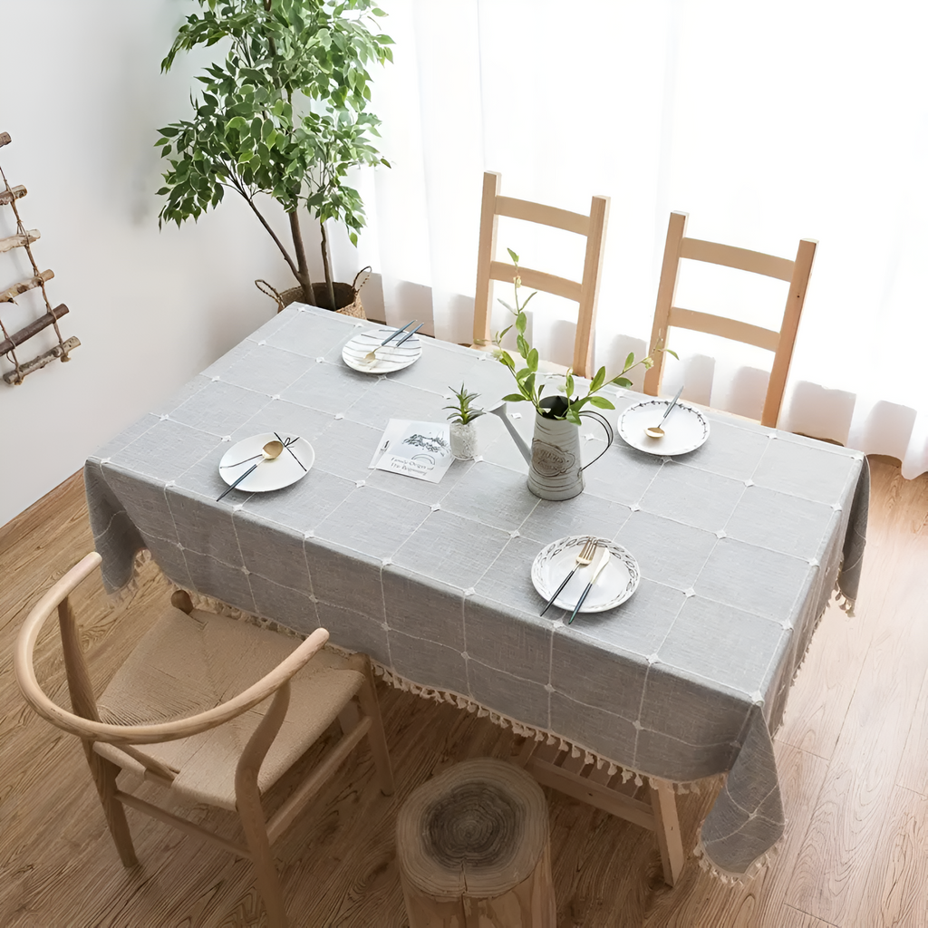 Grey Checked Cotton Linen Tassel Tablecloth – image 1