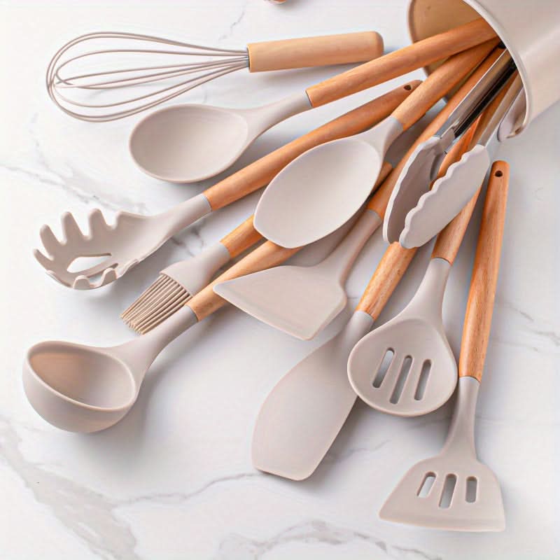 Silicone Kitchen Utensil Set with Wooden Handles, 12 Pieces — product view 1