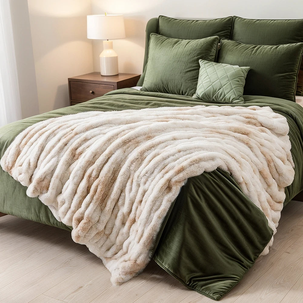 Ruched Faux Rabbit Fur Throw Blanket, Double-Sided Soft Texture — product view 4