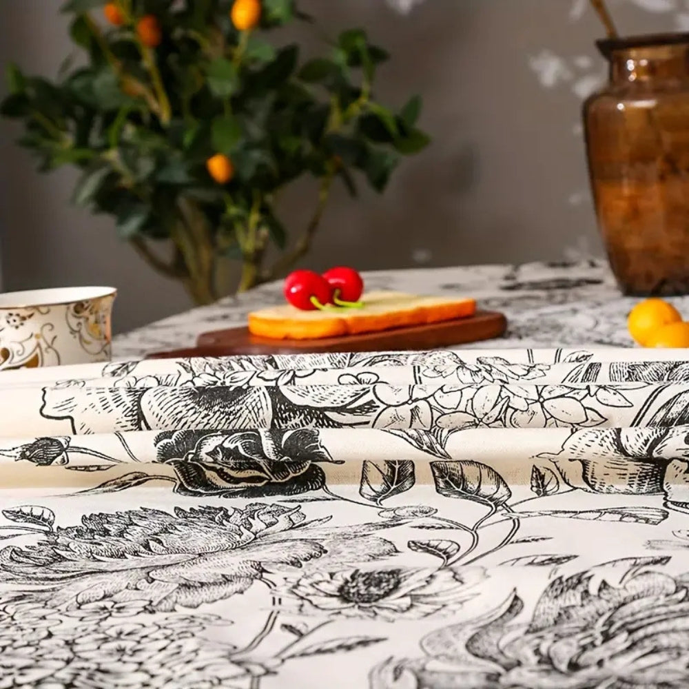 Black Floral Cotton Blend Tassel Tablecloth – image 4