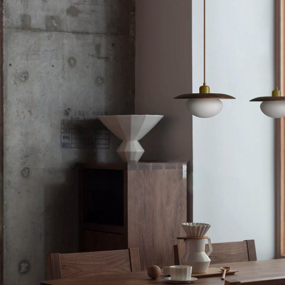 Frosted Pebble Glass Pendant Light with Oak or Walnut Disc - view 7