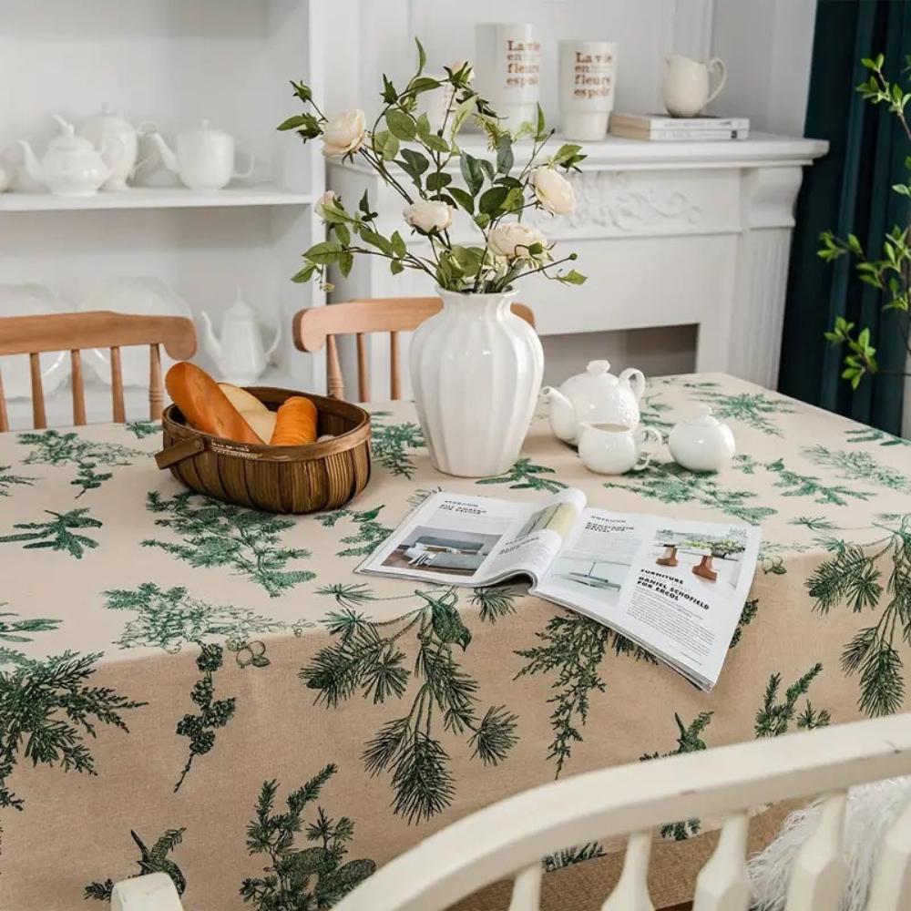 Pine and Bird Cotton Linen Fringe Tablecloth – image 8